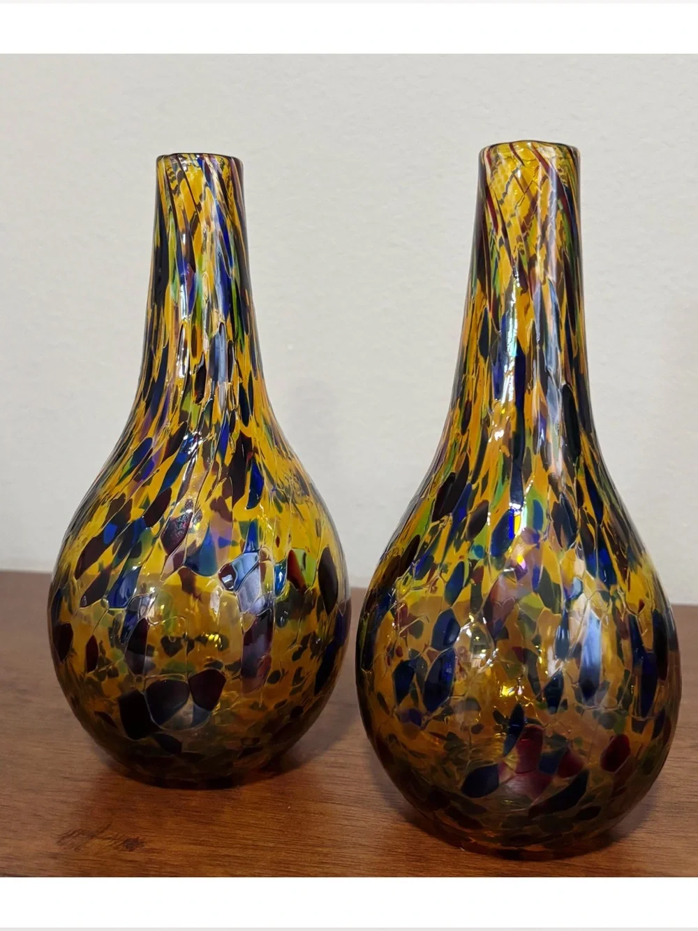 Murano Style Hand Blown Art Glass Bud Vases 8” Tall Set Of 2 Speckled
